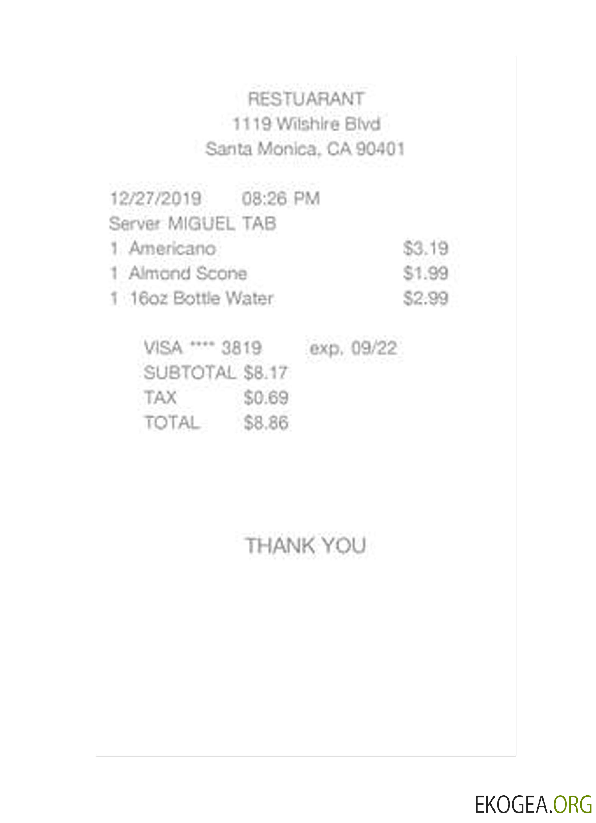 Reçu de caisse RESTAURANT